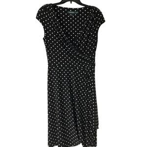LAUREN RAPLH LAUREN Black White Polka Dot Faux Wrap A Line Cap Sleeve Dress 10